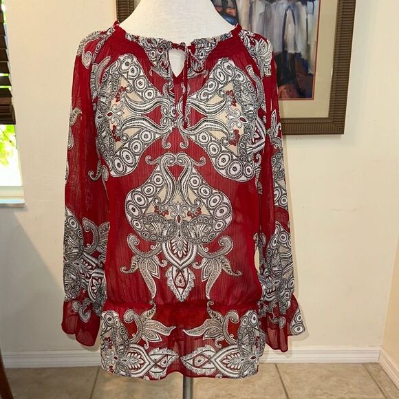 Chico’s Sheer Burgundy Paisley Ruffle Sleeve Tie Front Tunic Size 3 (XL) - Picture 6 of 11